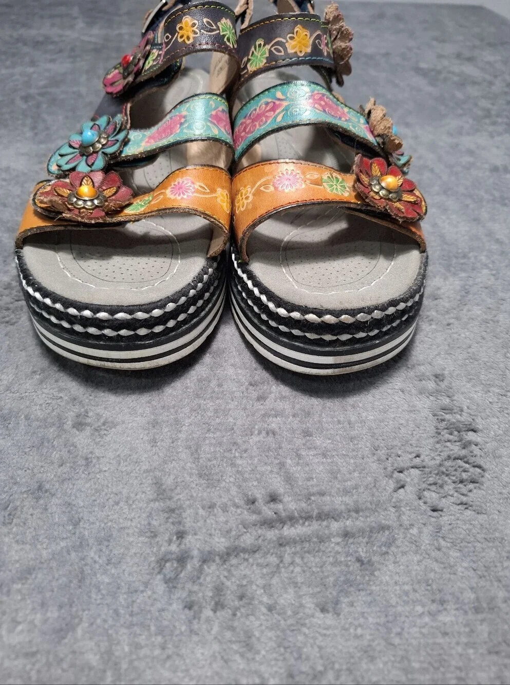 L'ATISTE Spring Step Multicolor Floral Leather Slingback Sandals Hand Painted 38